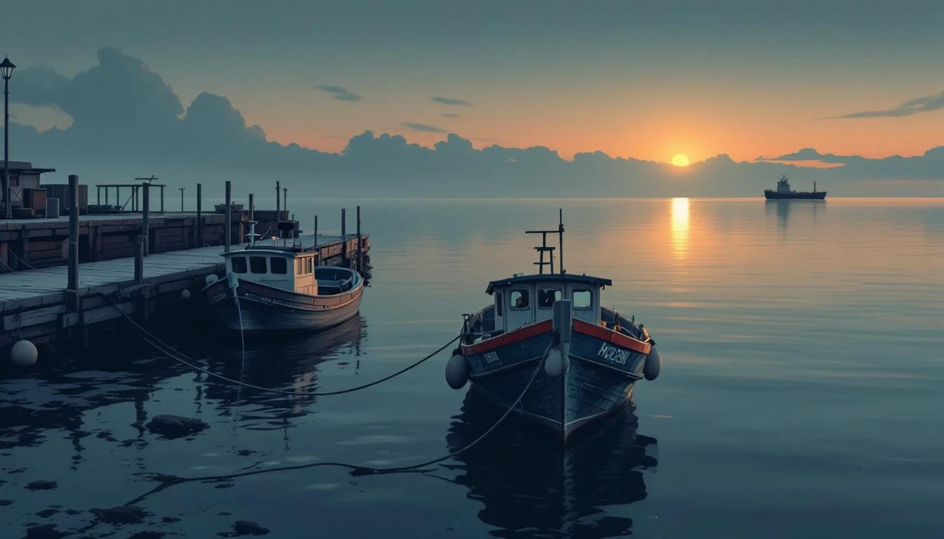 Two small wooden boats docked at a harbor at dusk with a cargo ship anchored in the distance.