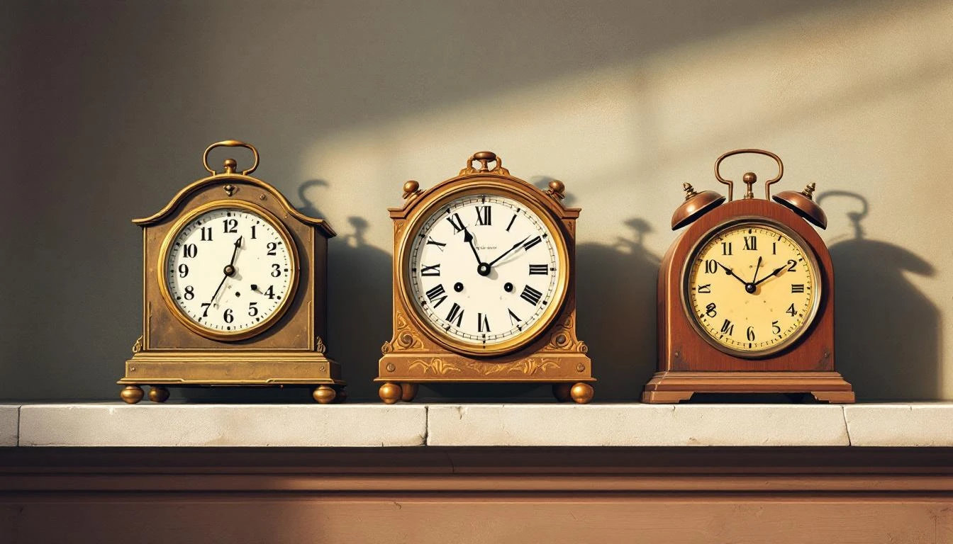 Row of mismatched antique clocks on a stone shelf, ranging from a slow brass carriage clock to a swift silvered mantel clock.