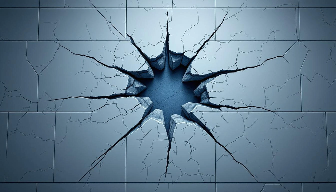 Cracked ceramic mosaic floor with slate and blue tiles breaking apart to reveal bare concrete beneath.