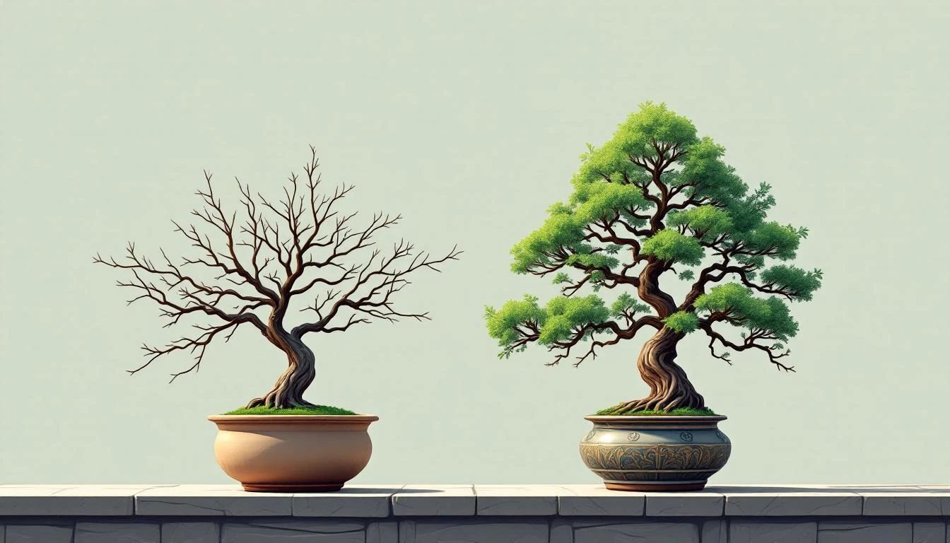 Two bonsai trees side by side, one minimal and spare, the other dense and complex, in soft morning light.