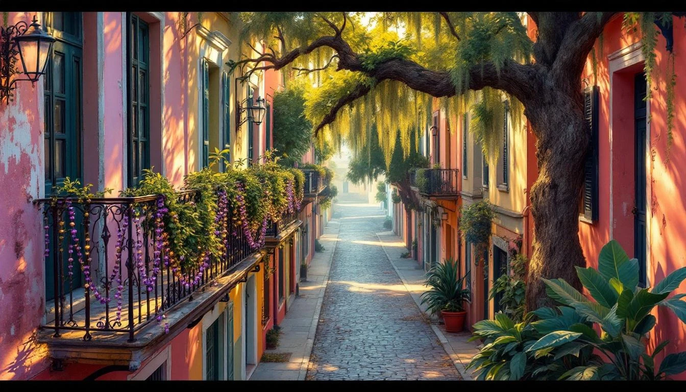 Wrought-iron balcony with Mardi Gras beads overlooking a narrow New Orleans street with pastel facades and Spanish moss.
