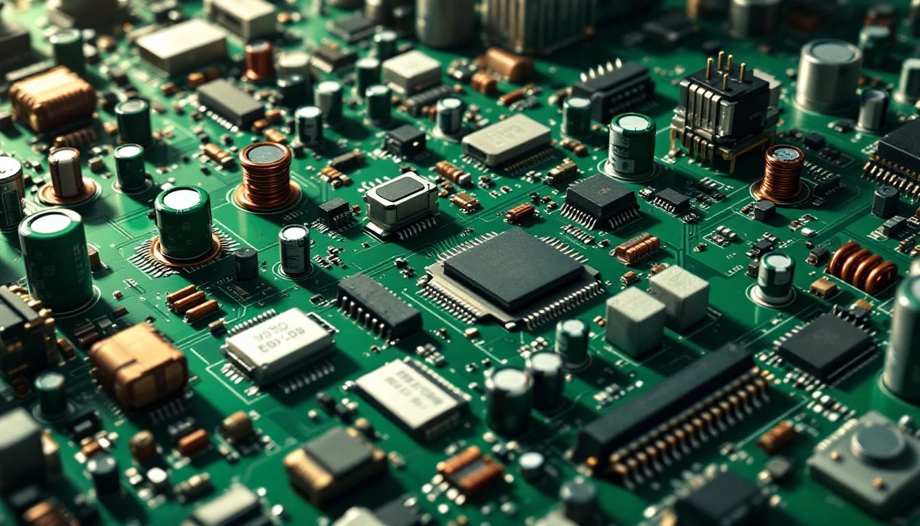 Close-up of a green circuit board with copper coils, capacitors, and silver heat spreaders under raking side-light.