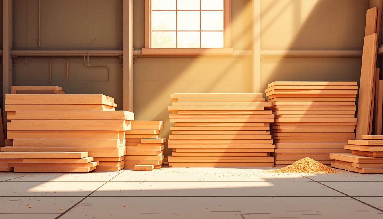 Stacked maple lumber planks and cedar offcuts on a concrete workshop floor in warm afternoon light.