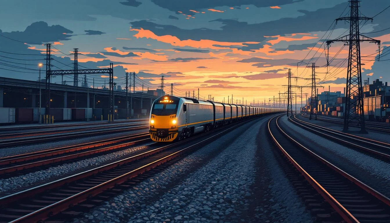 A train diverted from a direct main track onto a long winding spur line through an industrial rail yard at dusk.