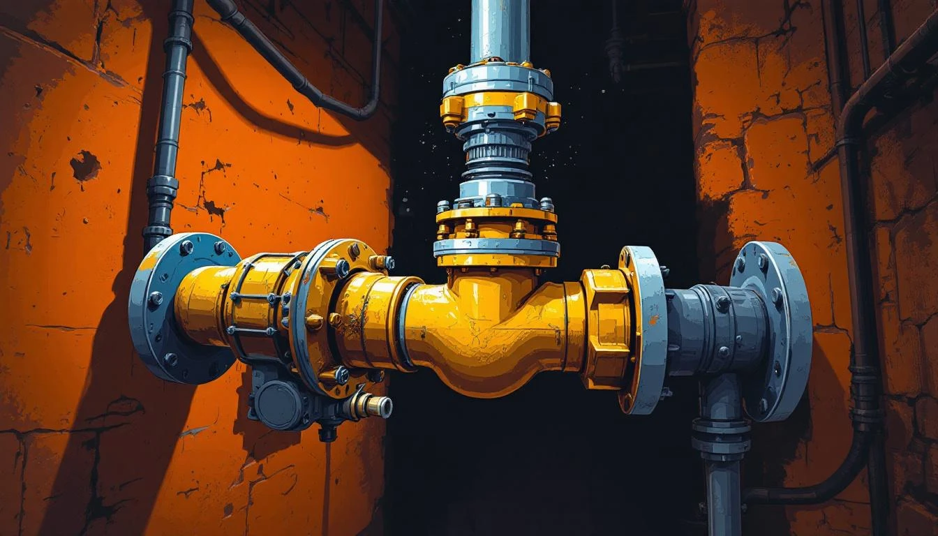 A brass pipe valve with a small gap between two flanges letting mist escape in a dim industrial basement.