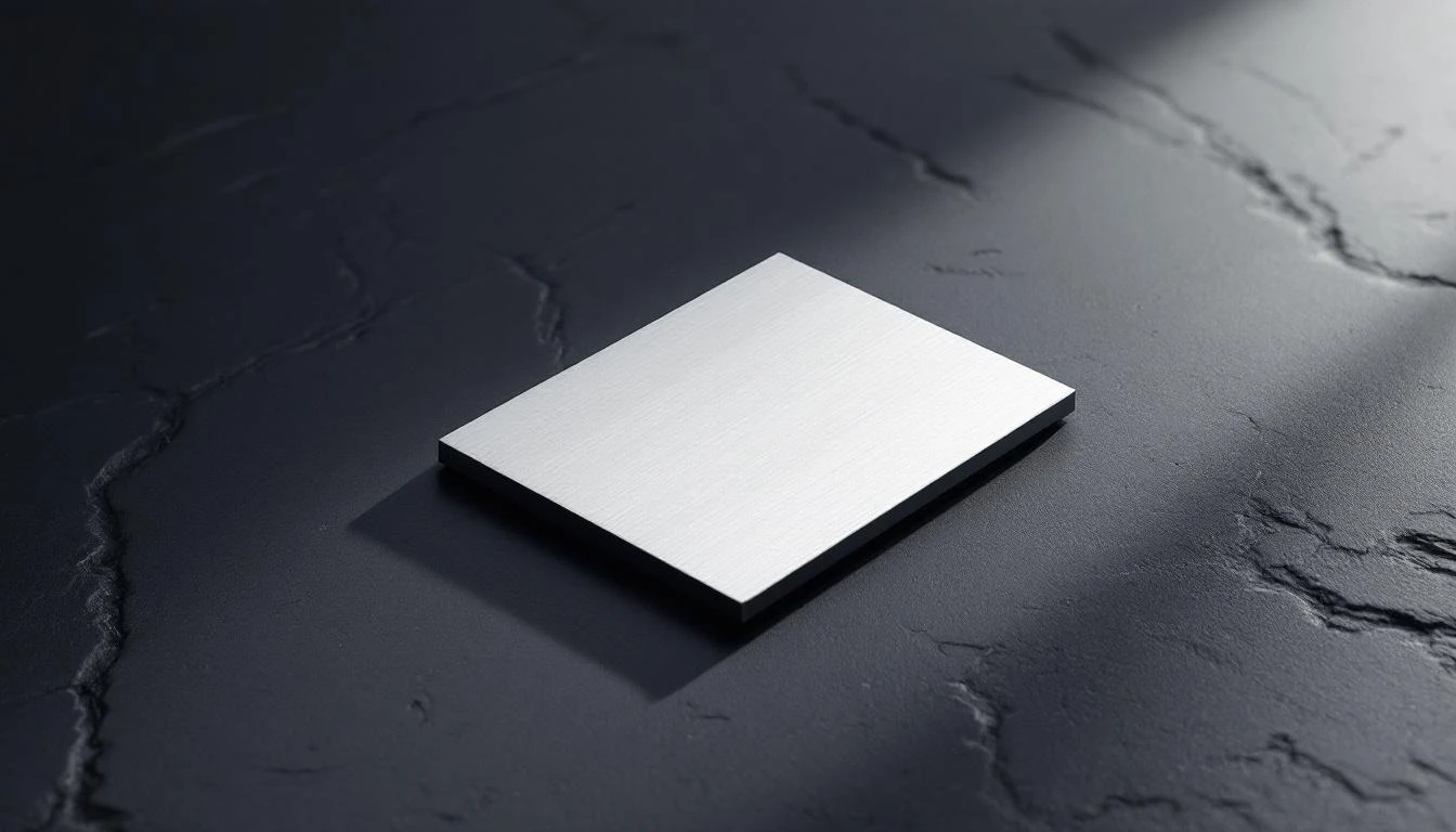 A slim silver SSD wafer on dark slate beside a precision screwdriver, lit with cool raking light.