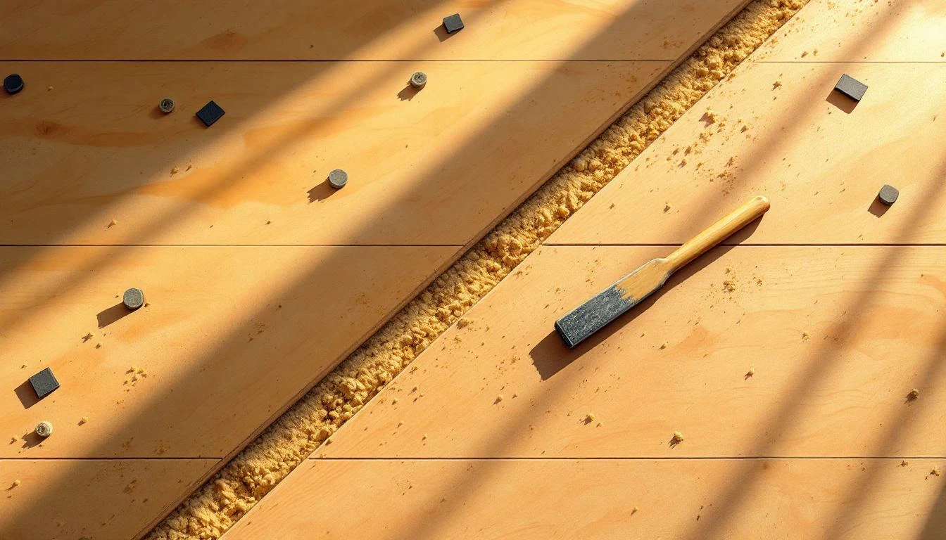 Half-installed maple hardwood floor meeting bare subfloor, sawdust at the seam, pry bar resting diagonally in raking afternoon light.