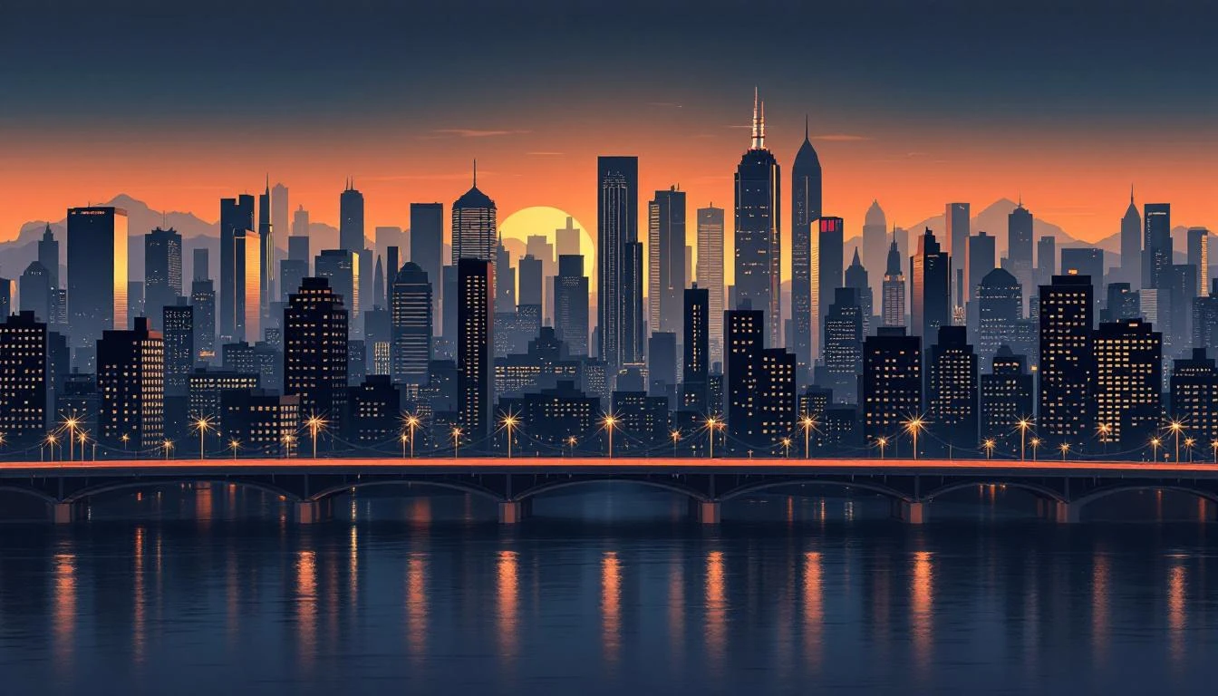 Manhattan-style skyline of steel-grey and amber towers at golden hour reflected in a dark river below.