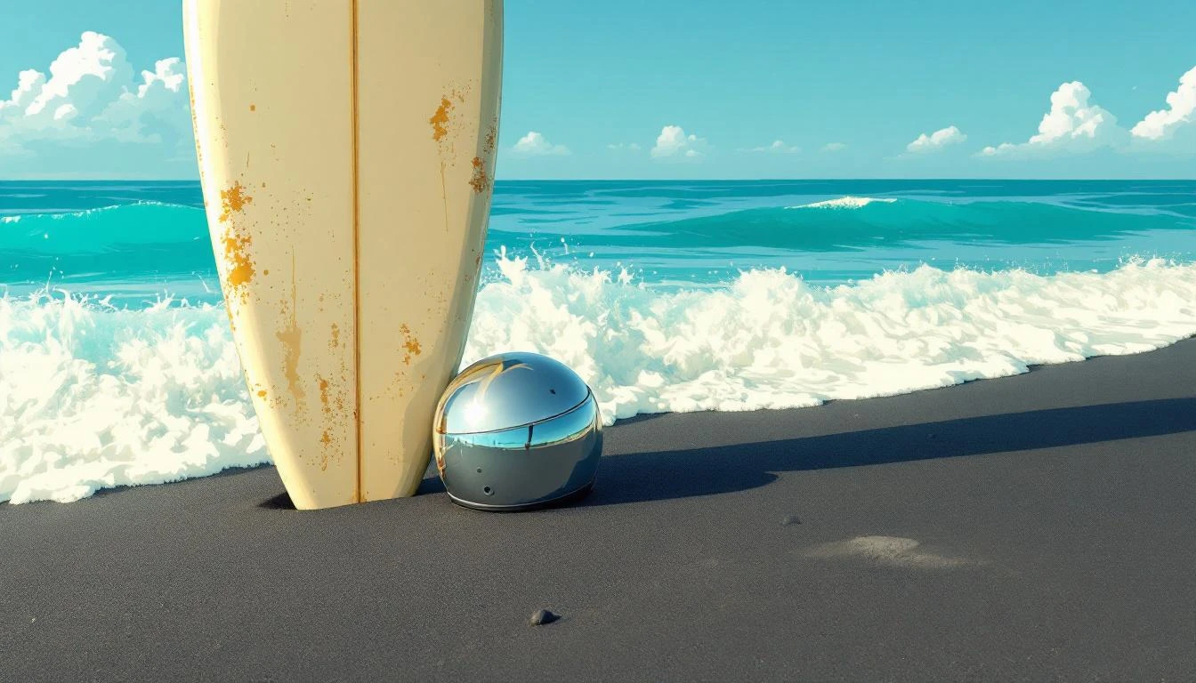 A weathered surfboard and chrome helmet resting in black volcanic sand at the edge of a retreating Pacific wave.