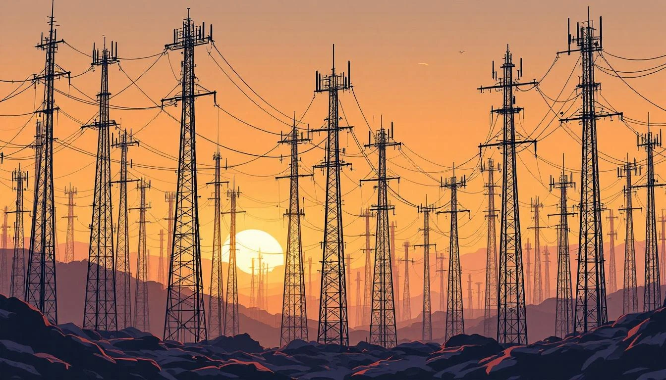 Metal antenna towers of varying heights connected by cables on rocky ground at dusk.