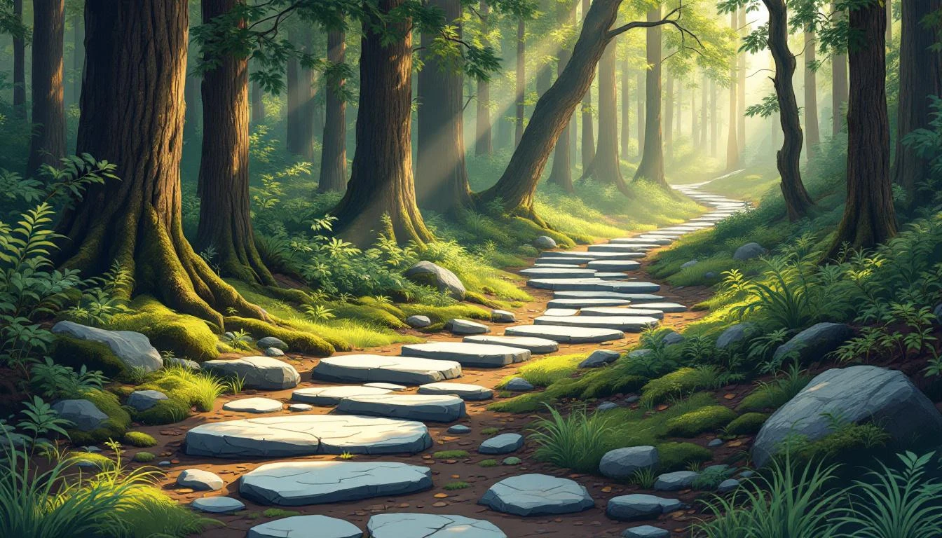 A branching forest path with stepping stones at each fork, dappled amber light through cedar trees.