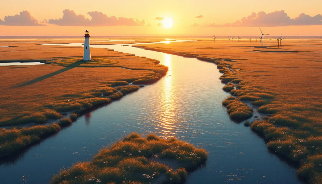 Aerial view of a river delta splitting into two parallel channels at golden hour, one leading to a lighthouse, one to wind chimes.