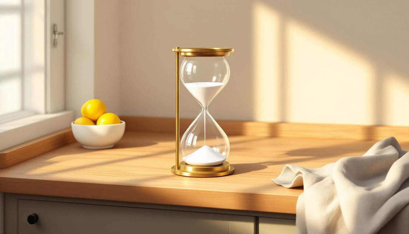 Vintage brass hourglass with white sand on an oak countertop beside lemons and linen cloth in warm afternoon light.