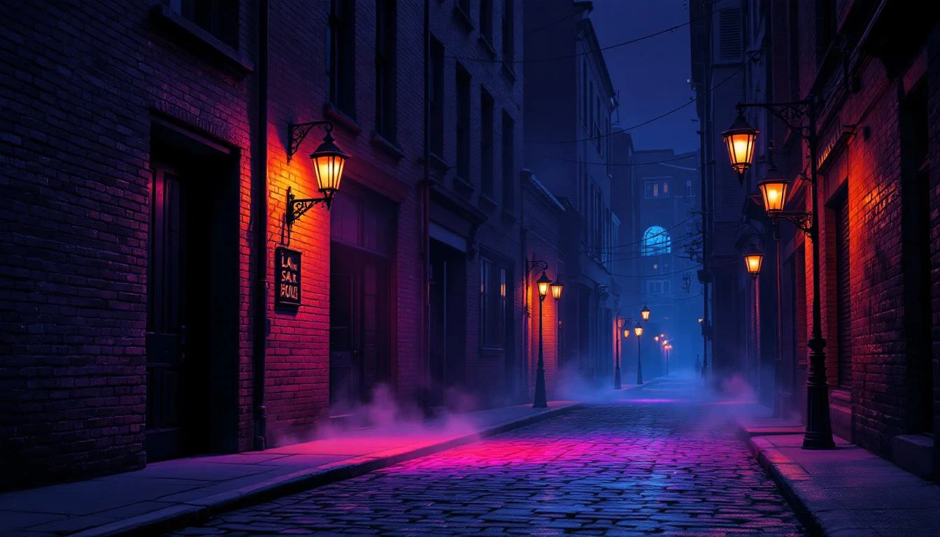 Magenta and violet light spilling from a metal door onto wet cobblestones in a foggy brick alleyway at night.