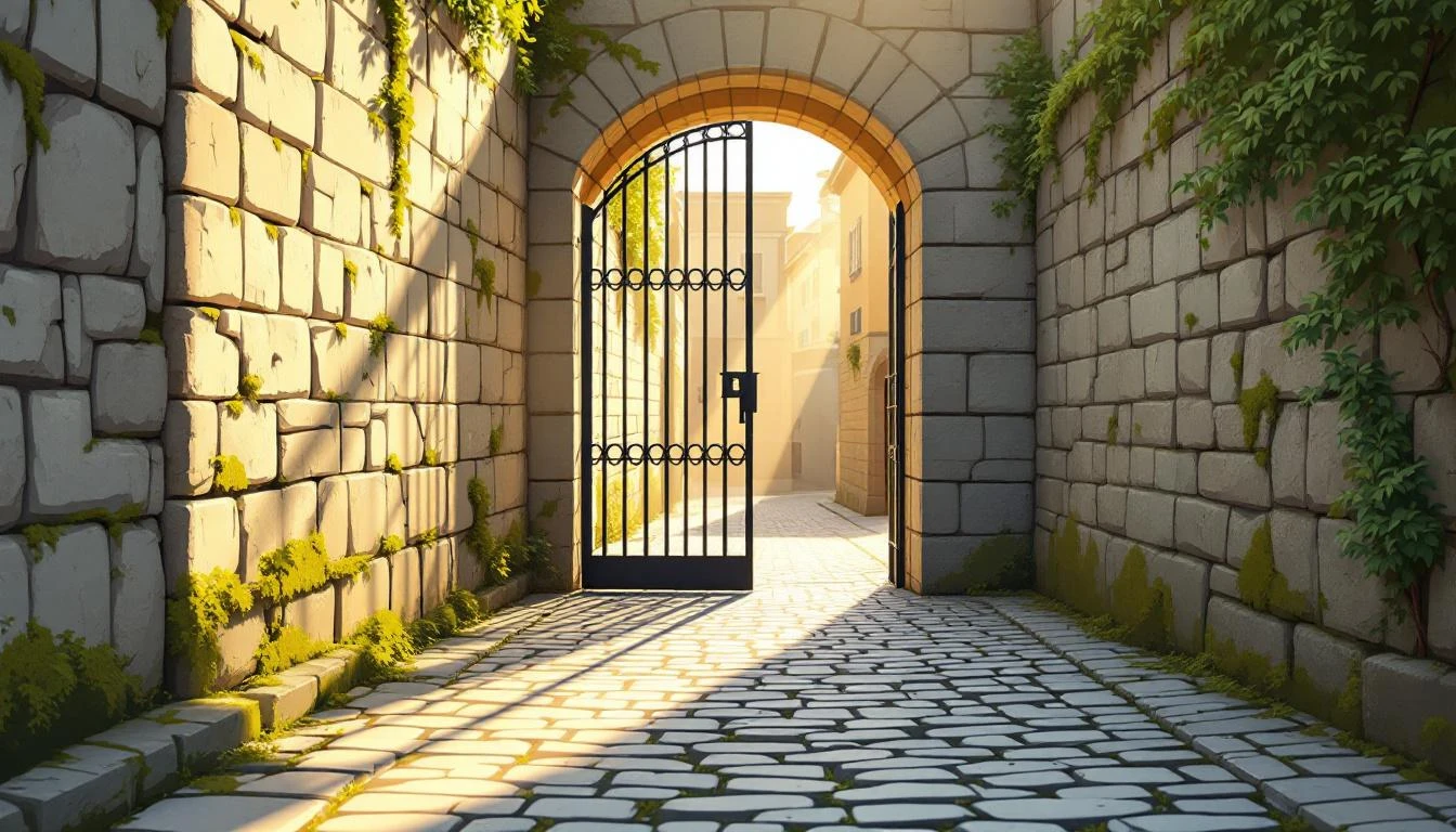 Cobblestone alley ending at a slightly open iron gate revealing a continuation of the path beyond.