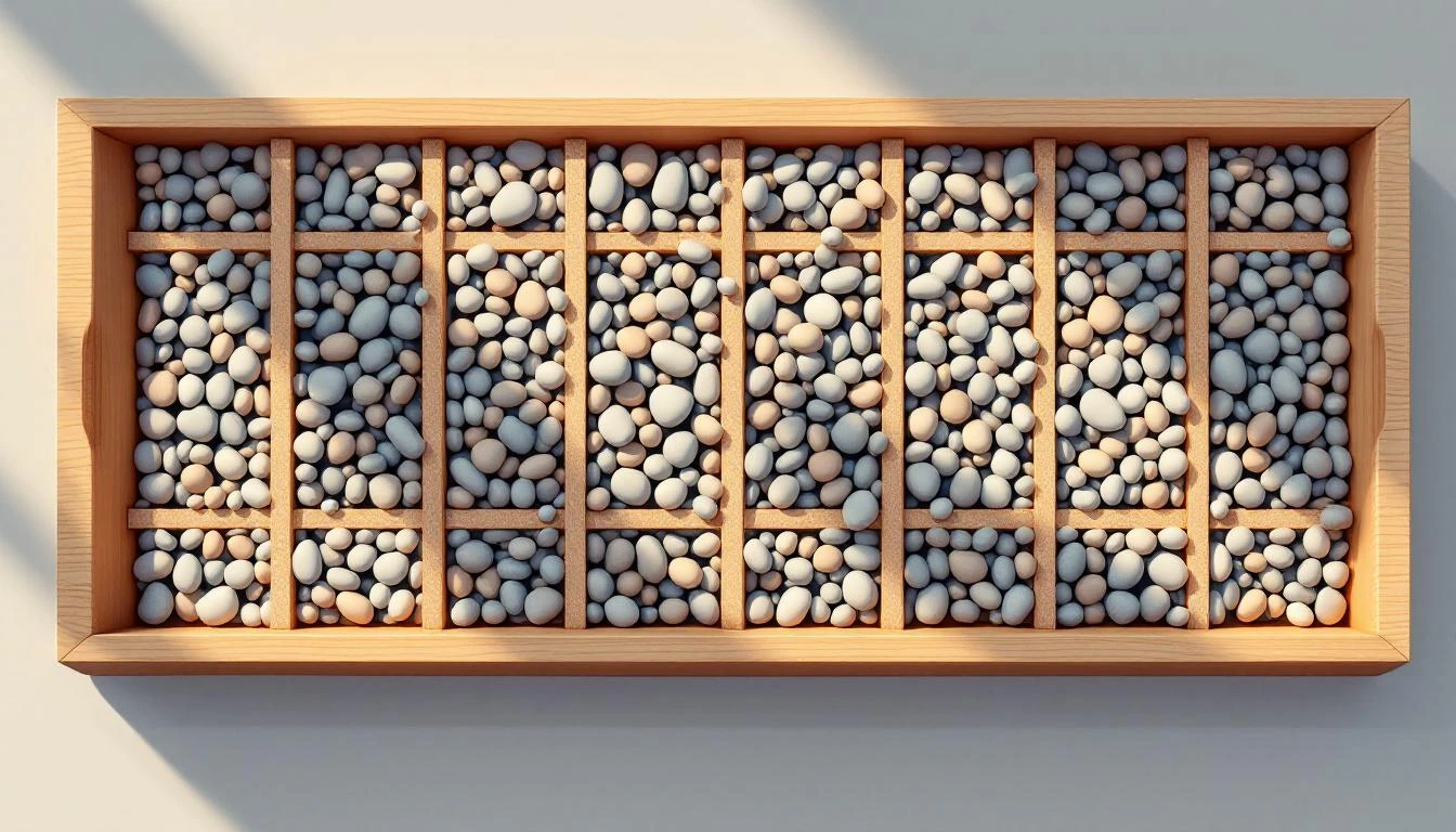 River stones sorted into rectangular clusters in a wooden tray, separated by cork strips, lit with raking afternoon light.