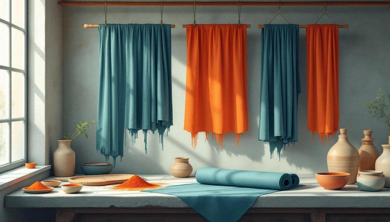 Bolts of teal and rust-orange fabric hanging in a dyeing workshop, one freshly re-dyed bolt unrolled on a stone surface.
