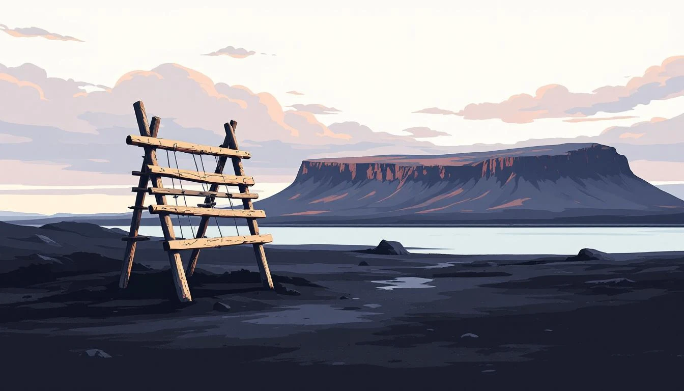 Weathered wooden drying rack on black volcanic sand before a basalt mesa under a lilac and amber arctic sky.