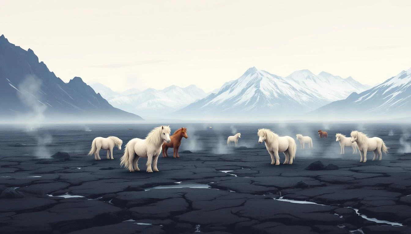 Shaggy Icelandic horses on dark volcanic rock fields with geothermal steam rising and snow-capped mountains behind.