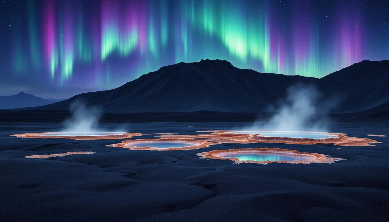 Steaming geothermal pools on black volcanic sand beneath green and violet aurora over a dark basalt ridge.