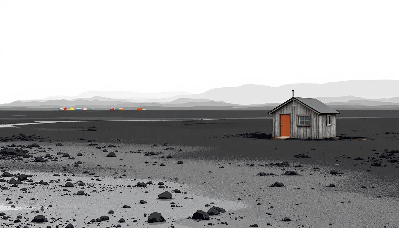 A small sparse wooden cabin on dark volcanic rock near colorful corrugated buildings under a pale grey sky.