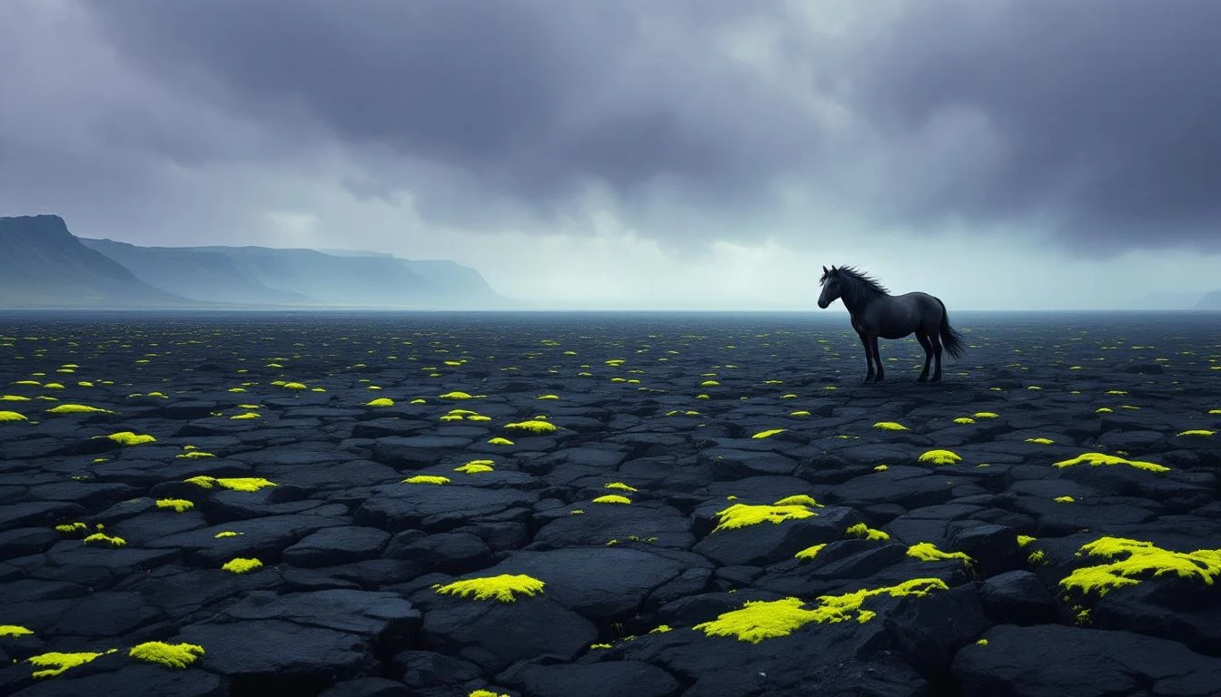 Black lava field with chartreuse moss under a stormy violet sky, an Icelandic horse facing incoming hail.