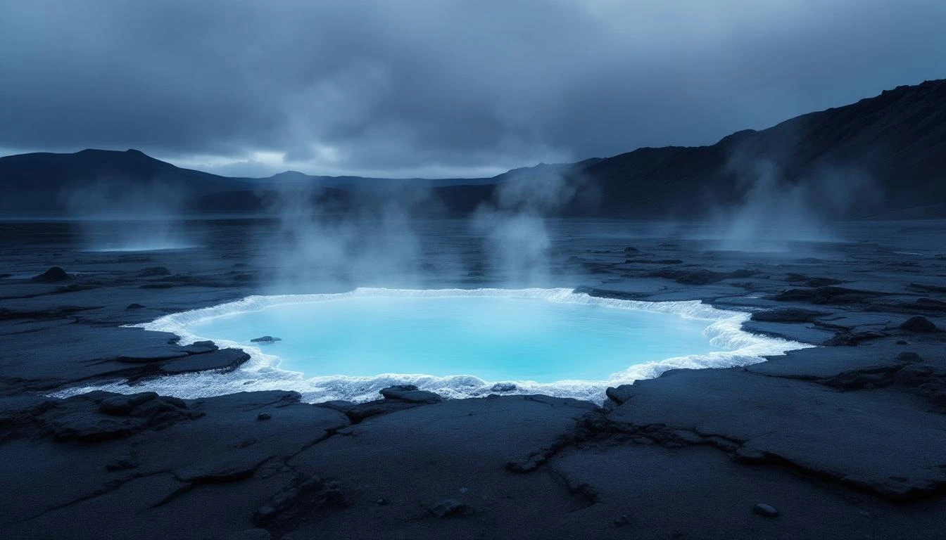 Milky turquoise geothermal pool steaming against dark volcanic basalt rock under a steel-blue Nordic sky.