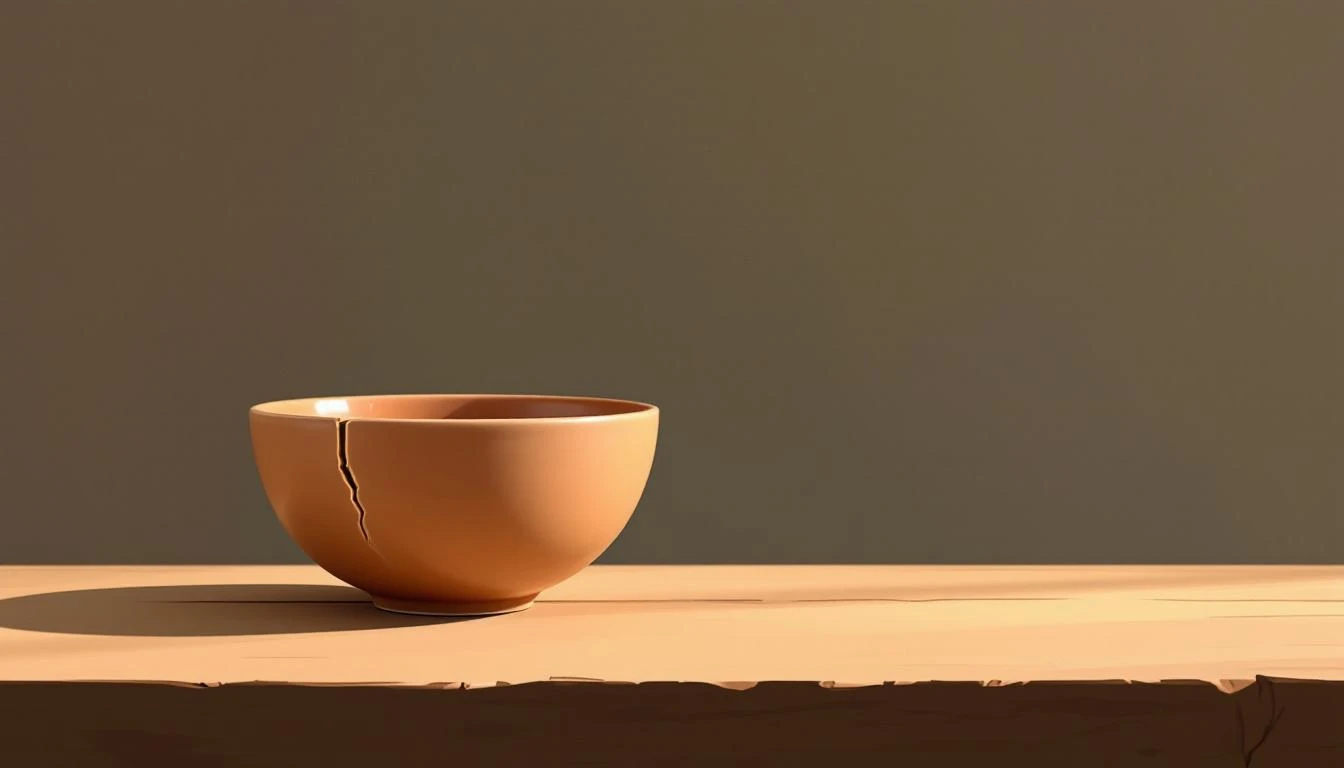 A cracked terracotta ceramic bowl beside an intact one on a worn wooden surface under warm amber light.