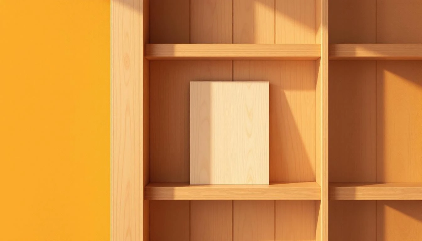 Wooden display cabinet with rectangular panels slotted in and out of a frame, one panel halfway removed.