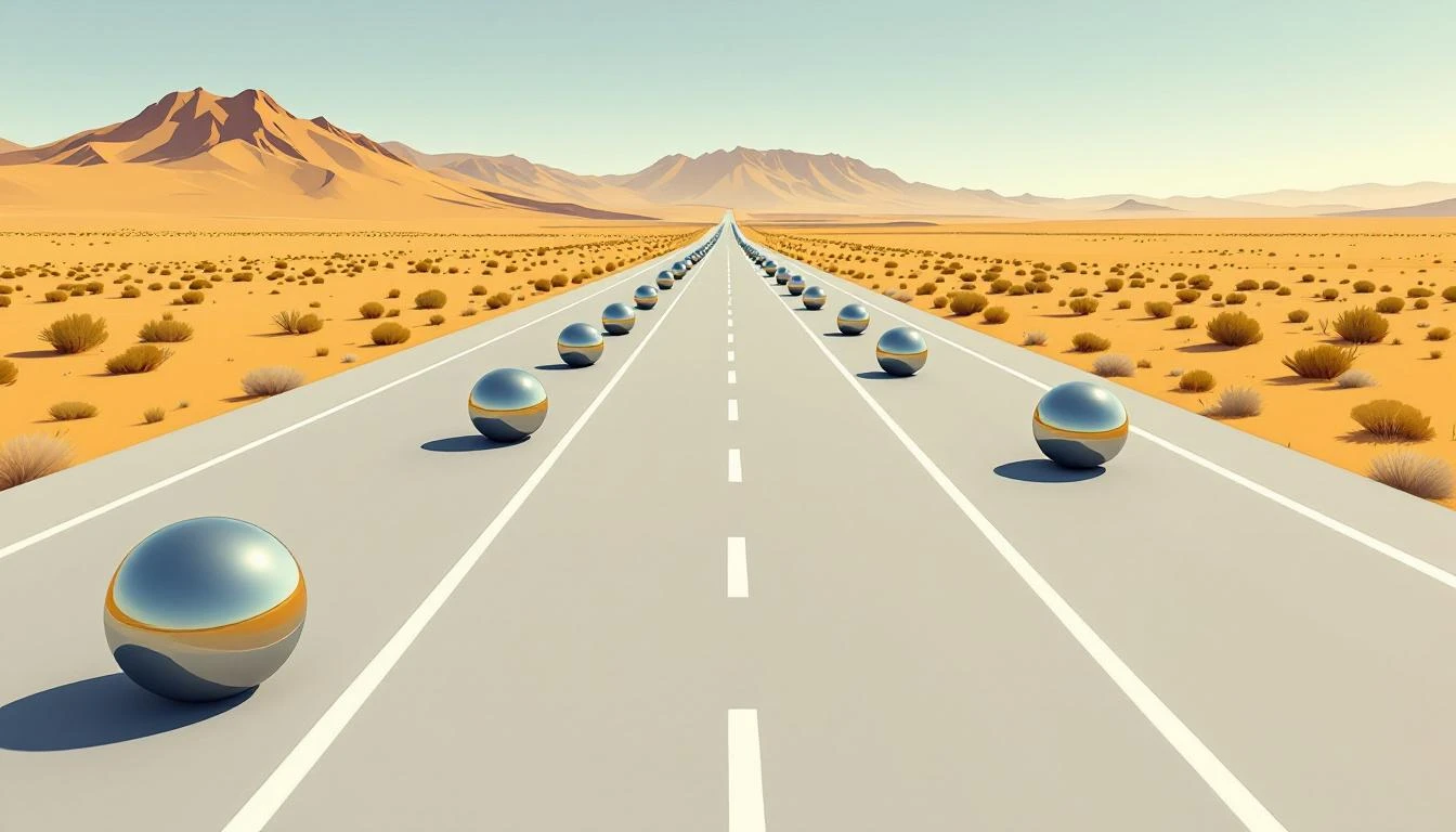 Eight-lane highway with metallic spheres rolling in parallel toward a mountain horizon.