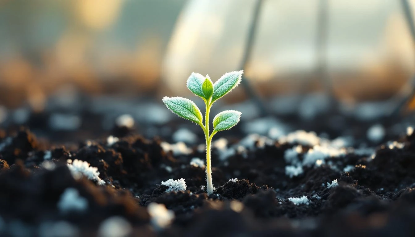 A green seedling sprouting from dark soil beside a frost-covered iron cloche pressing into the earth.
