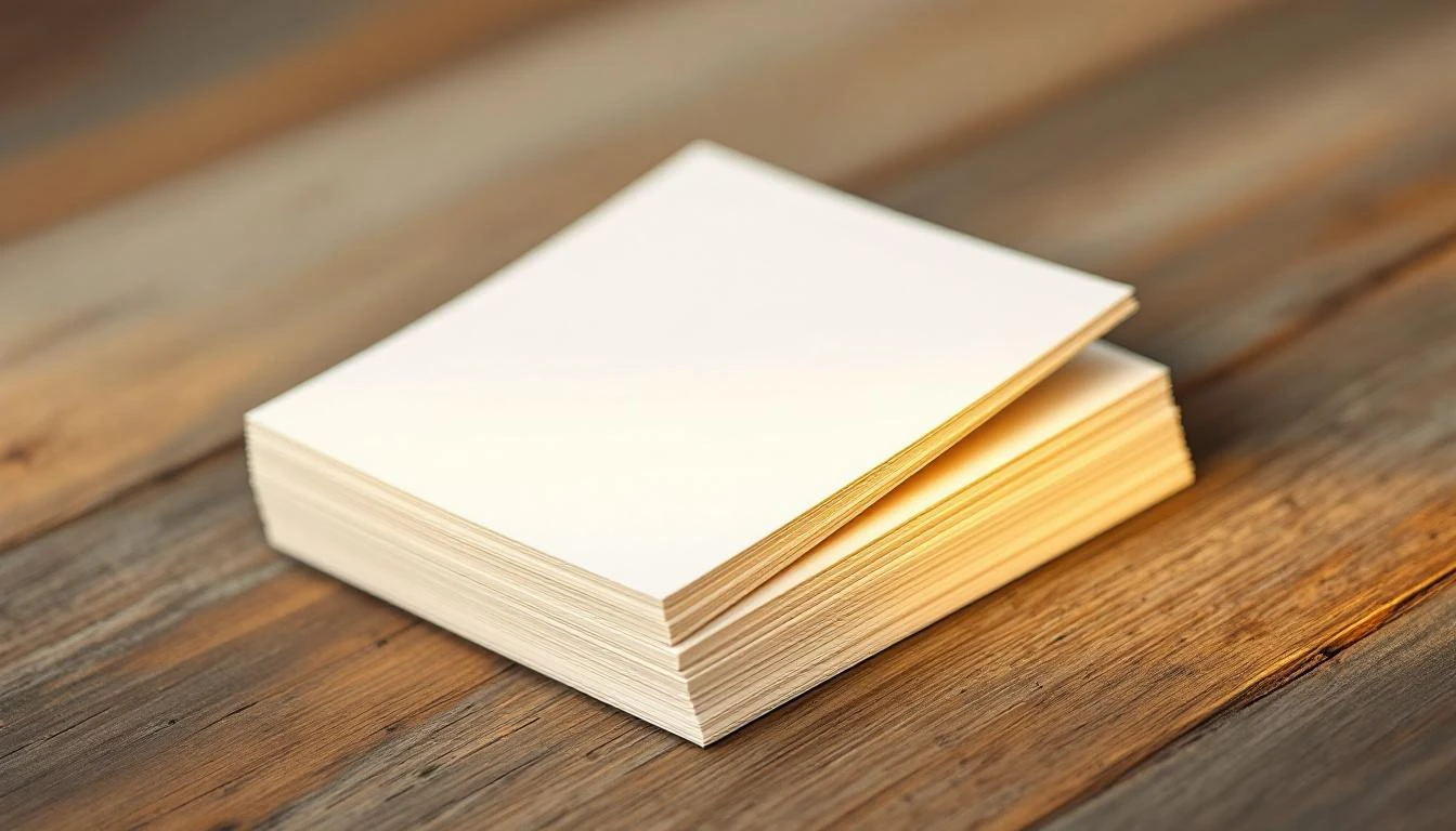 Fanned stack of cream index cards on a weathered oak surface with warm side-lighting.