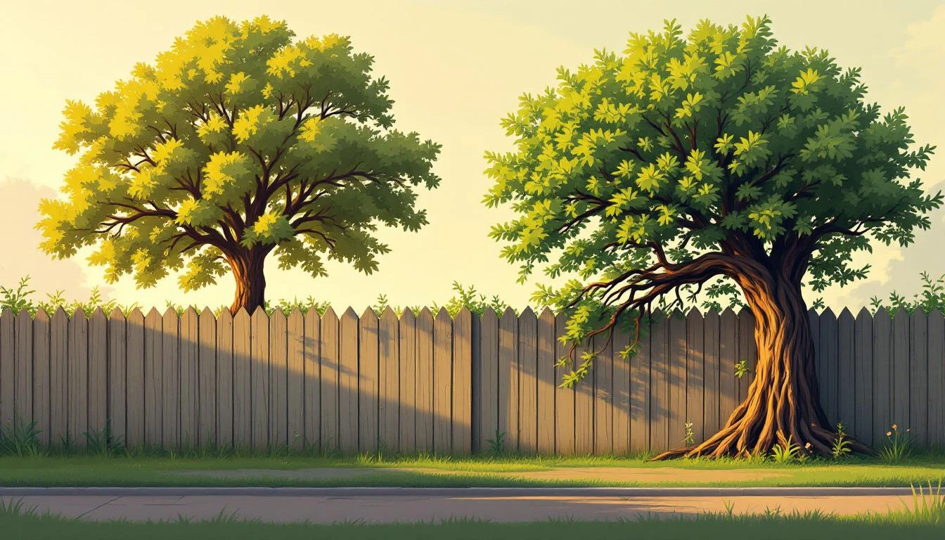 A wooden fence dividing a freshly trimmed oak yard from an overgrown tangled tree in late afternoon light.