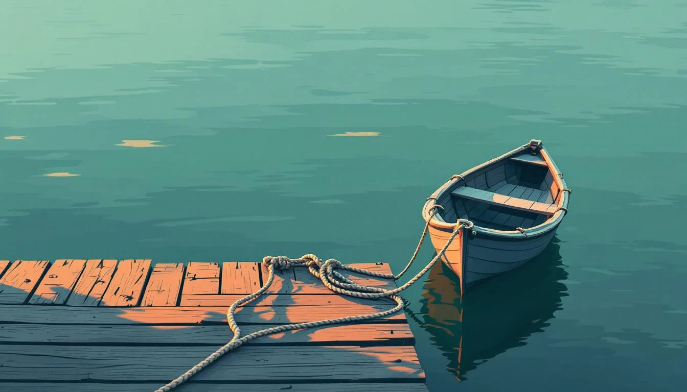 Weathered wooden dock at dawn with a small boat secured by multiple distinct rope knots in amber and teal light.