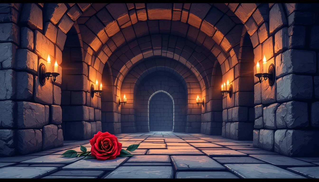 A red rose resting on granite stone blocks inside a candlelit vaulted stone corridor with iron wall fixtures.