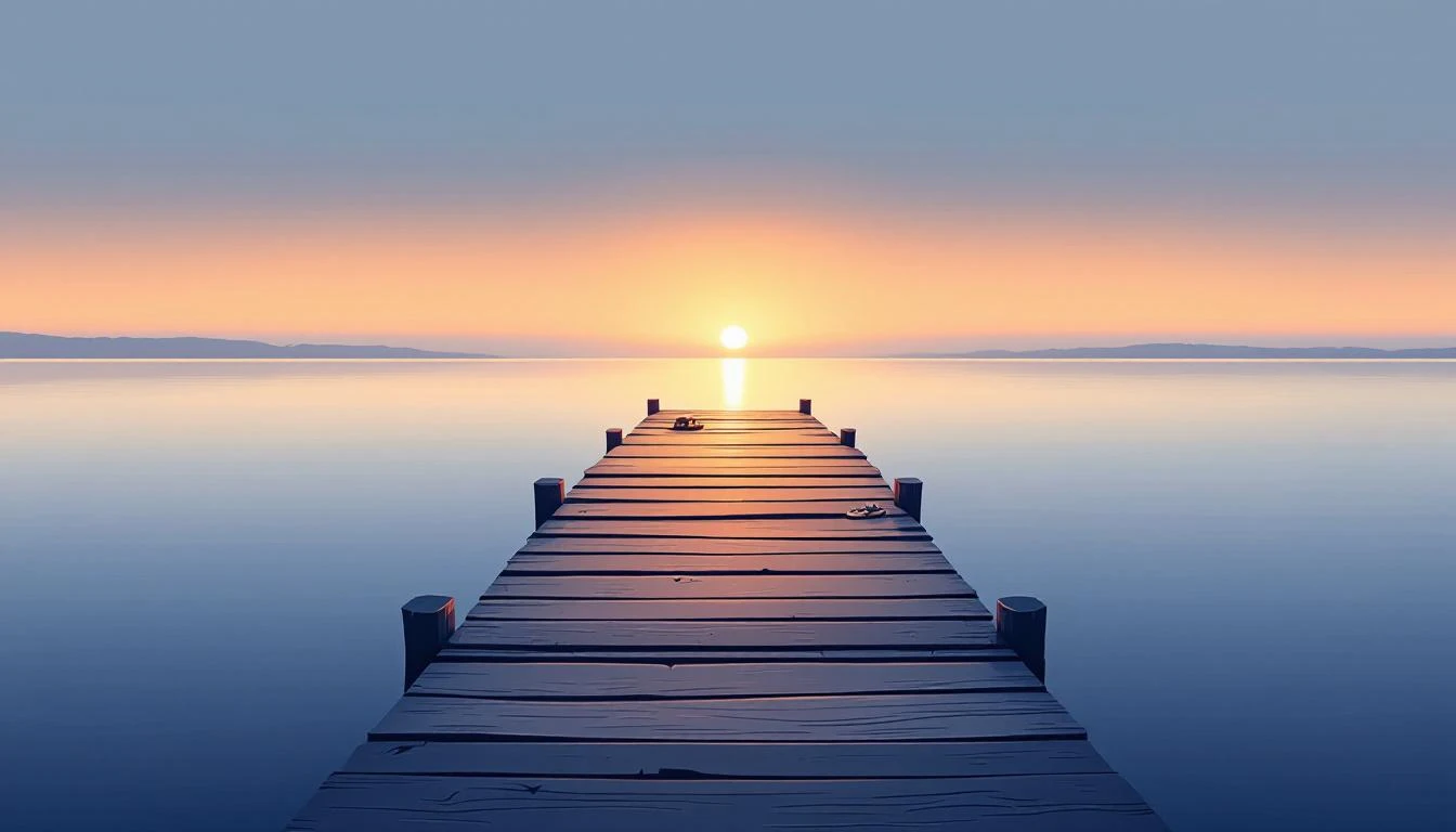 Weathered dock extending into a still lake at dusk, a child's sandal on the edge, warm light fading to cool grey.