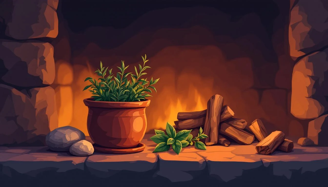 Terracotta herb pot, river rock, and kindling on a hearthstone bathed in amber firelight.