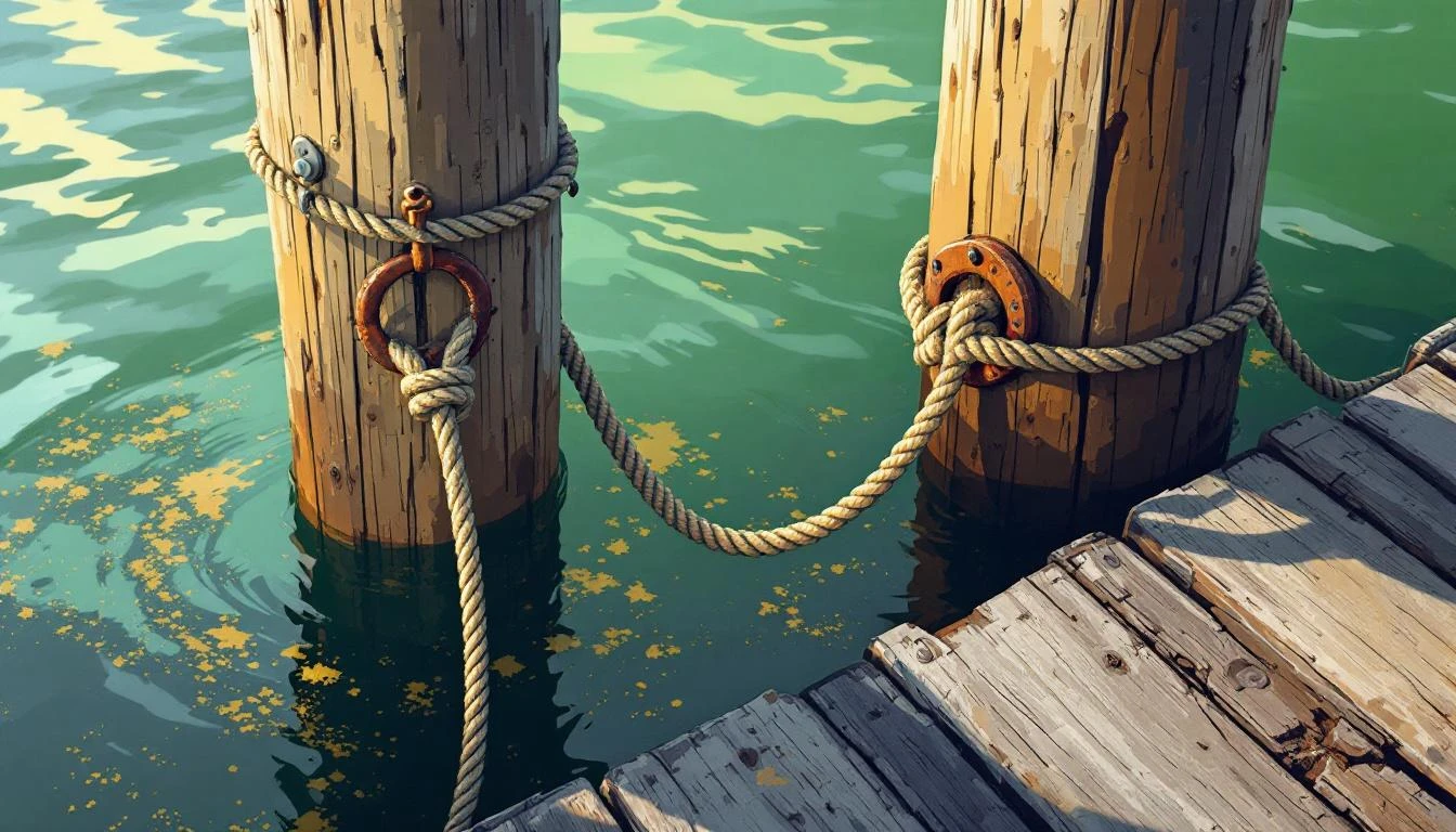 Weathered dock post with a rusted iron ring and knotted nautical rope trailing into calm harbor water.