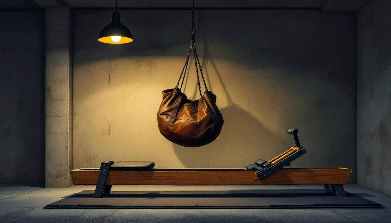 Worn leather heavy bag and wooden rowing machine on a rubber mat in a concrete basement under warm amber light.