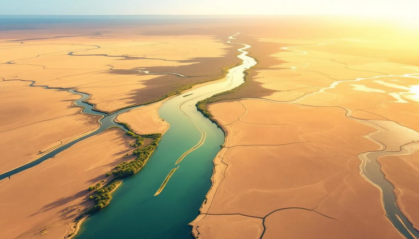 Aerial view of a river delta branching into many smaller channels across a flat plain in golden light.