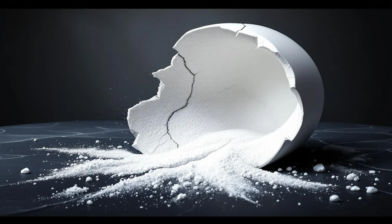 Cracked ceramic vault spilling white crystalline powder onto dark slate under harsh light.
