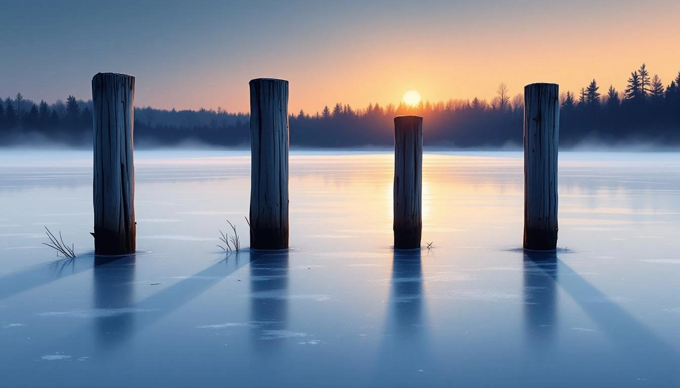Four wooden dock pilings casting long shadows across a frozen lake at amber dawn.