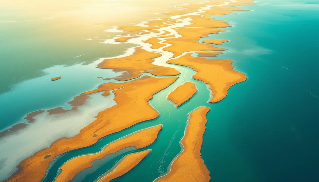 Aerial view of a river delta splitting into many narrow channels at golden hour, ochre sediment and pale blue-green water.