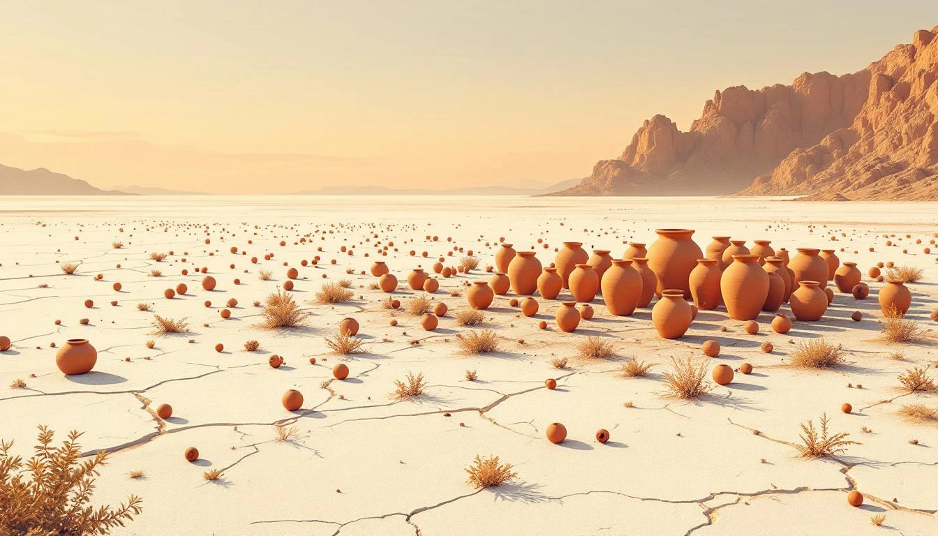 Small clay vessels consolidated into a few large ceramic urns on a white salt flat at golden hour.