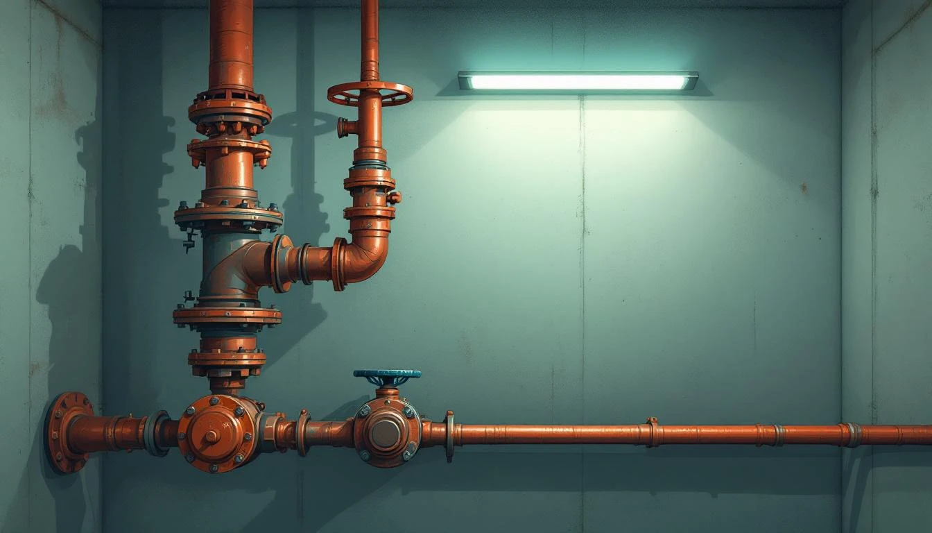 Copper pipe manifold with industrial valves at different positions along a concrete utility corridor.