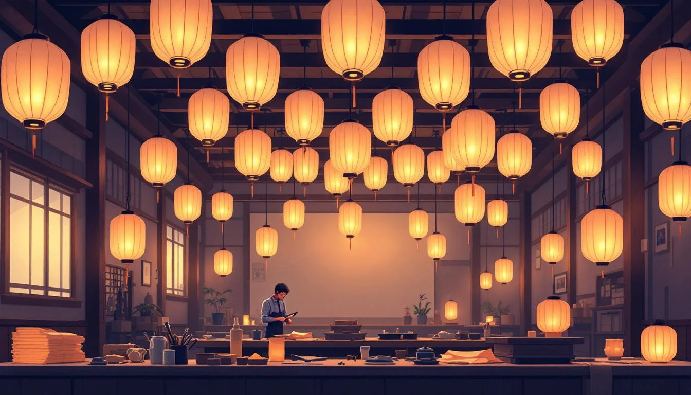 Dozens of glowing amber paper lanterns hanging from dark cedar rafters, with flat-folded lanterns stacked below.