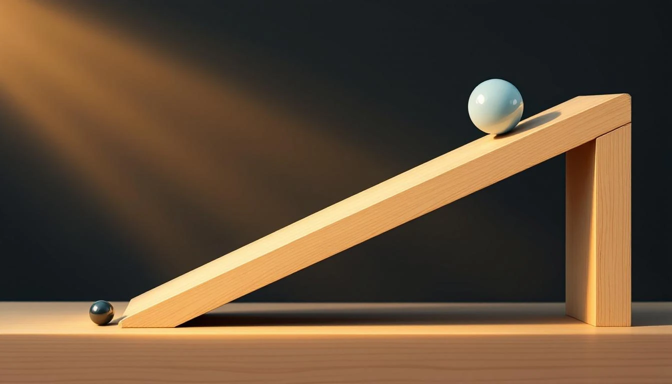 A marble rolling fast down a tilted wooden ramp with a motion blur trail, beside a stationary marble on an identical ramp.