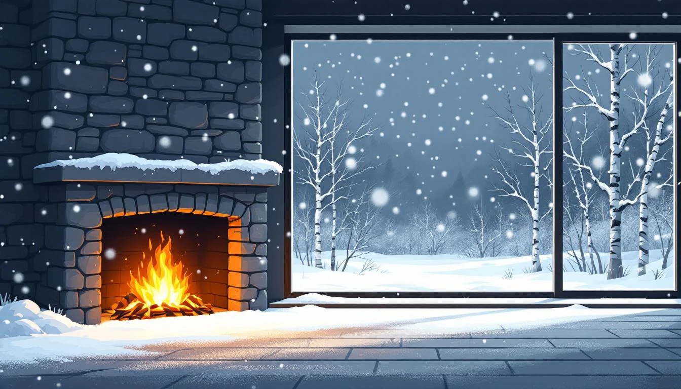 Stone fireplace with crackling flames beside a frost-rimmed window showing a heavy sideways snowstorm and snow-laden birch trees.