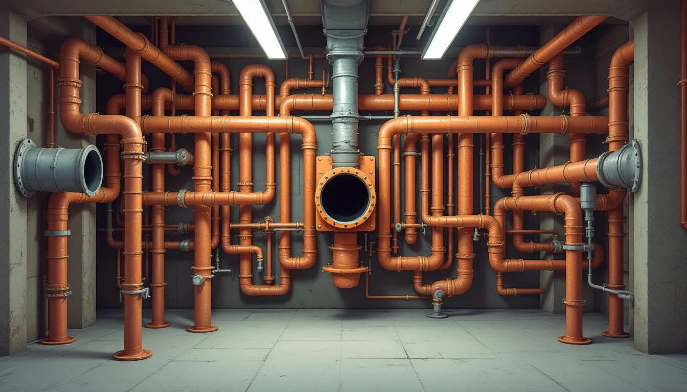 Dense tangle of copper pipes of varying diameters converging into a single narrow spout in an industrial basement.
