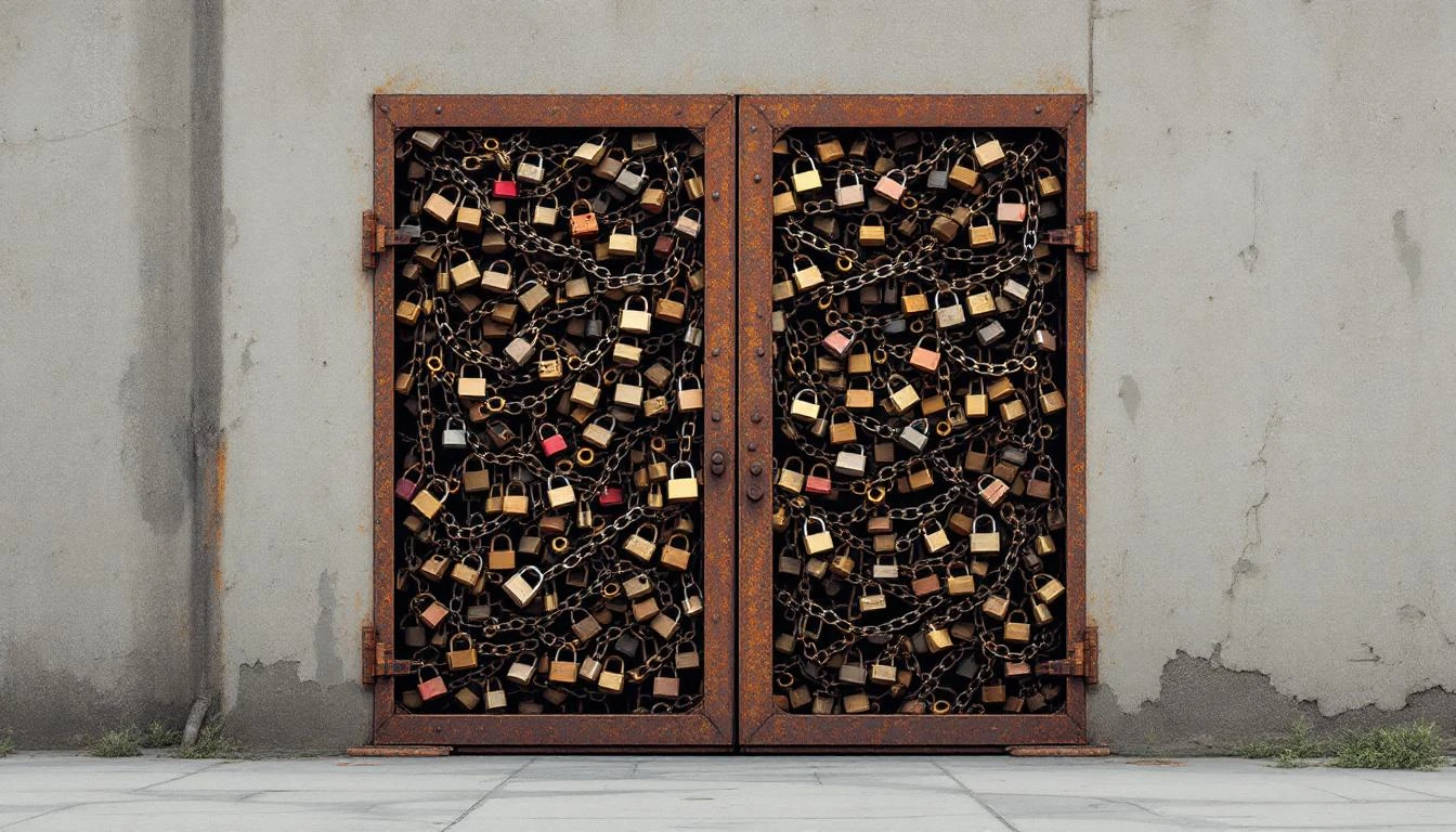 A rusted iron gate buried under dozens of mismatched tarnished padlocks and chains in flat grey light.